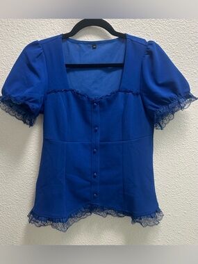 Square Neck Blue Lace-Trim Button Front Blouse